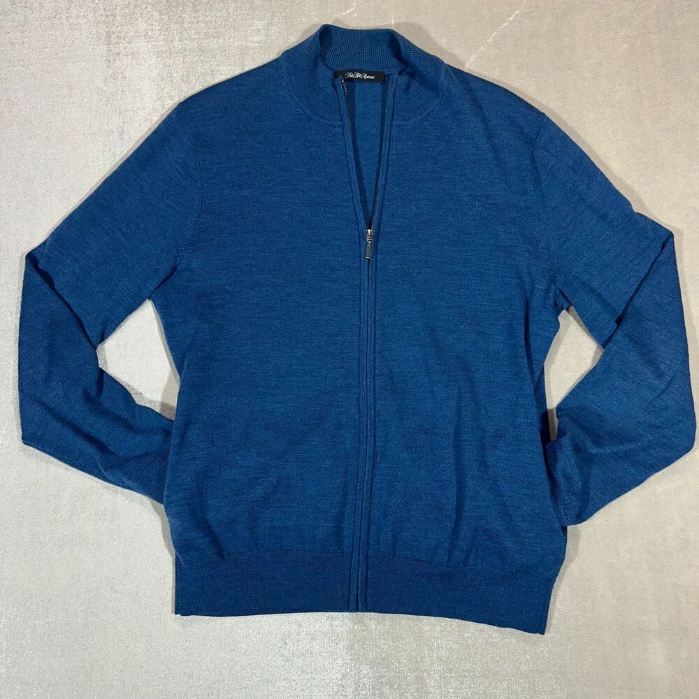 Saks Fifth Avenue Womens Large 100% Merino Wool Blue Full Zip Sweater Jacket - Picture 10 of 10